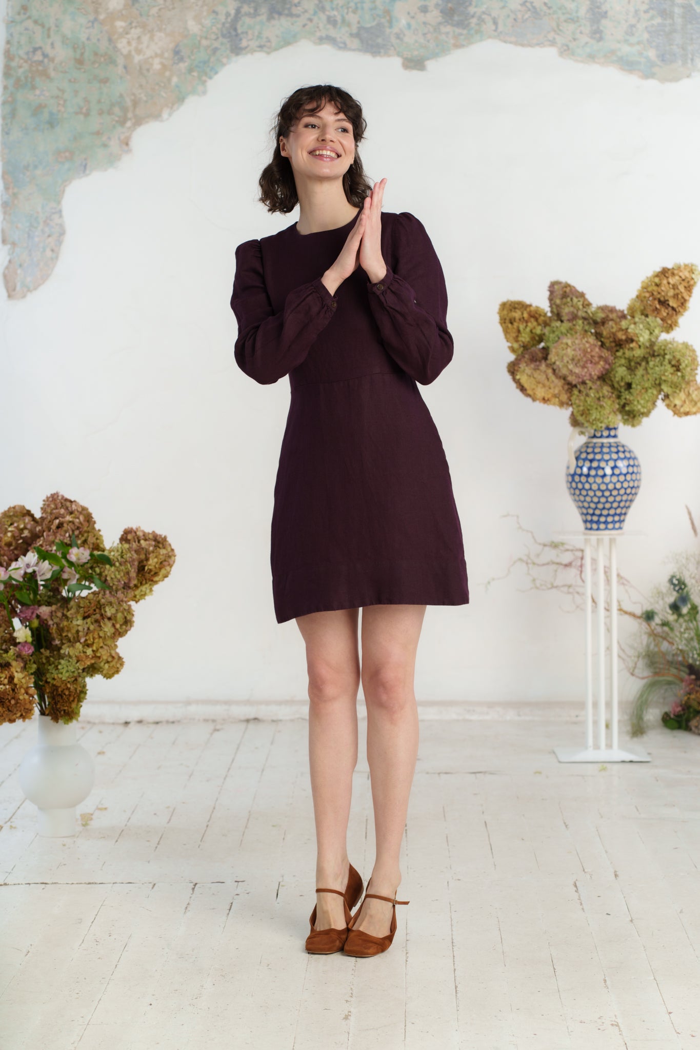 Kelly Dress, Long Sleeve, Twill Linen, Royal Grape#color_royal-grape