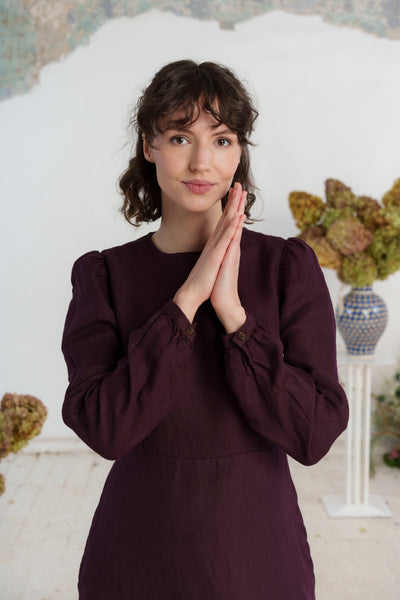 Kelly Dress, Long Sleeve, Twill Linen, Royal Grape#color_royal-grape