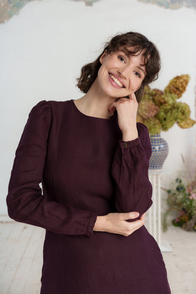 Kelly Dress, Long Sleeve, Twill Linen, Royal Grape#color_royal-grape