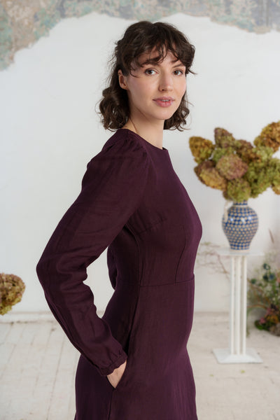 Kelly Dress, Long Sleeve, Twill Linen, Royal Grape#color_royal-grape