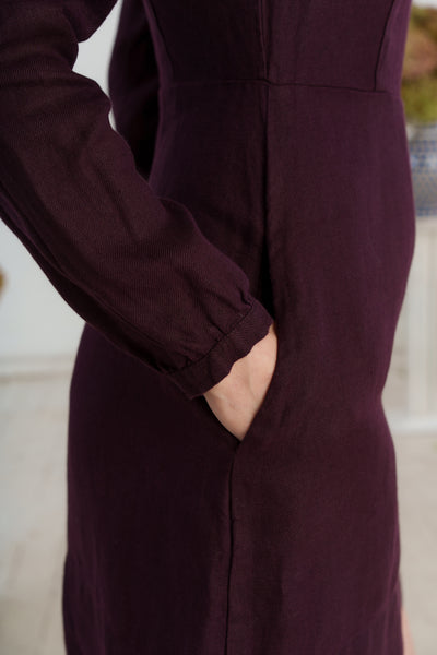 Kelly Dress, Long Sleeve, Twill Linen, Royal Grape#color_royal-grape
