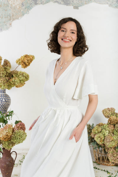 Maxi Wrap Dress, Butterfly Sleeve, White Magnolia
