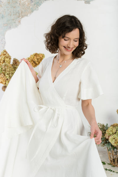 Maxi Wrap Dress, Butterfly Sleeve, White Magnolia