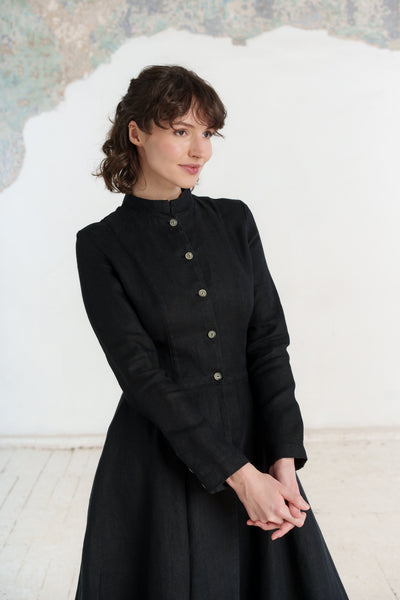 Victorian Coat, Twill Linen, Black Herringbone#color_black-herringbone