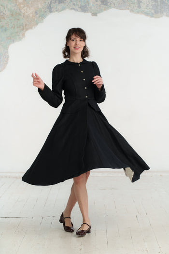 Elizabeth Coat, Long Sleeve, Twill Linen, Black Herringbone#color_black-herringbone