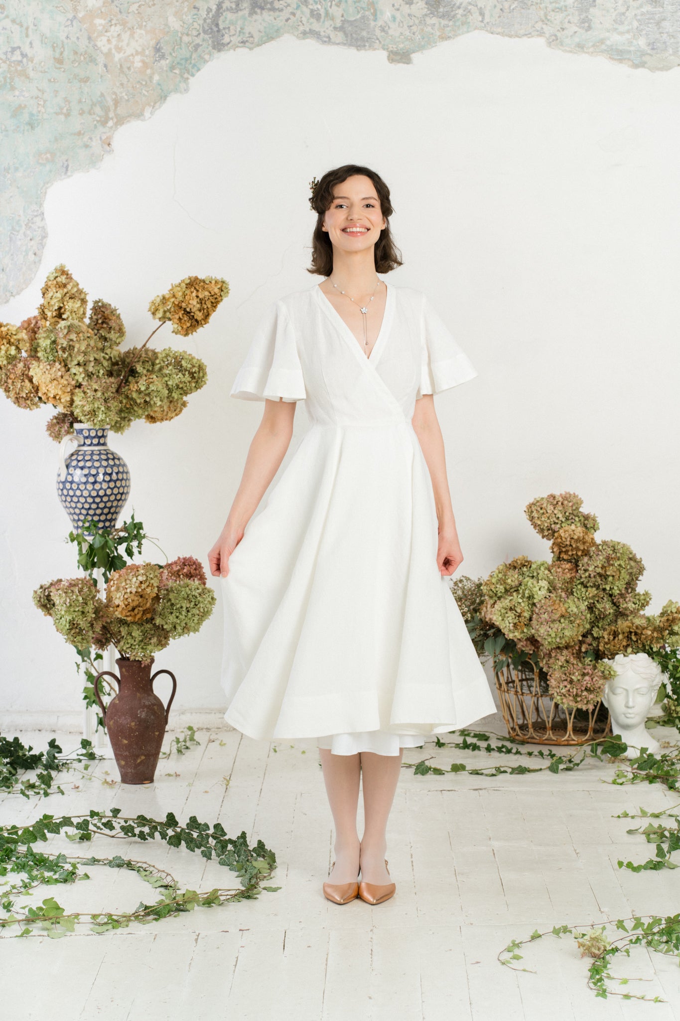 Wrap Dress, Butterfly Sleeve, White Magnolia