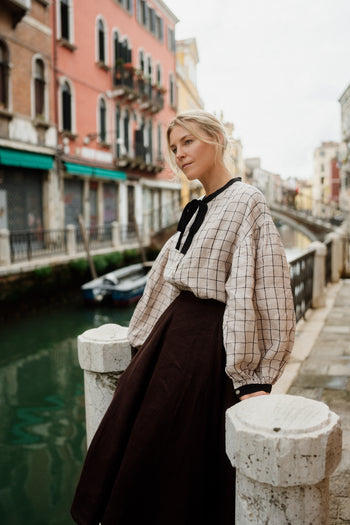 Clementine Shirt, Long Sleeve, Latte Grid#color_latte-grid