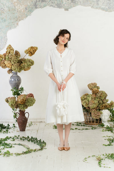 Ophelia Dress, 3/4 Sleeve, White Magnolia