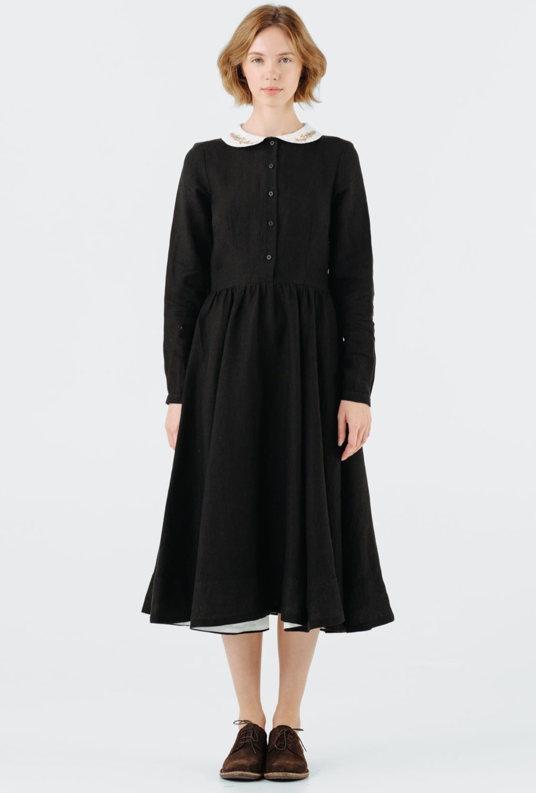 Classic Dress with Embroidered Golden Fields Collar, Long Sleeve, Black Pansy#color_black-pansy
