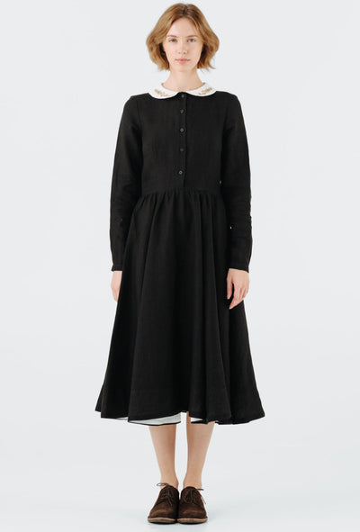 Classic Dress with Embroidered Golden Fields Collar, Long Sleeve, Black Pansy#color_black-pansy