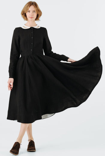 Classic Dress with Embroidered Golden Fields Collar, Long Sleeve, Black Pansy#color_black-pansy