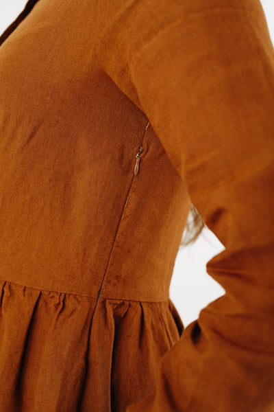 Classic Dress with Embroidered Golden Fields Collar, Long Sleeve, Warm Brown#color_warm-brown