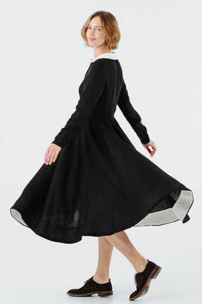 Classic Dress with Embroidered Golden Fields Collar, Long Sleeve, Black Pansy#color_black-pansy