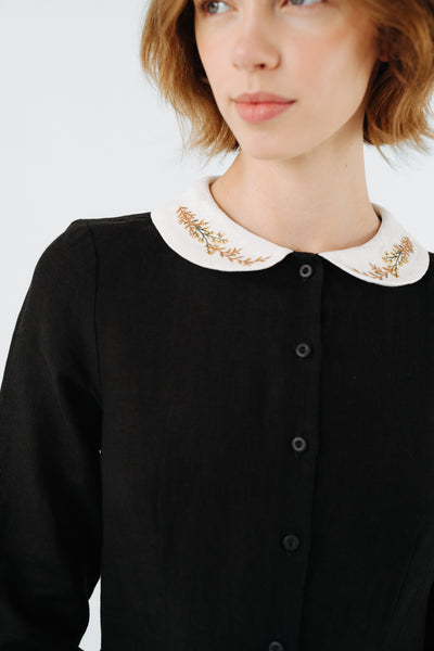 Classic Dress with Embroidered Golden Fields Collar, Long Sleeve, Black Pansy#color_black-pansy