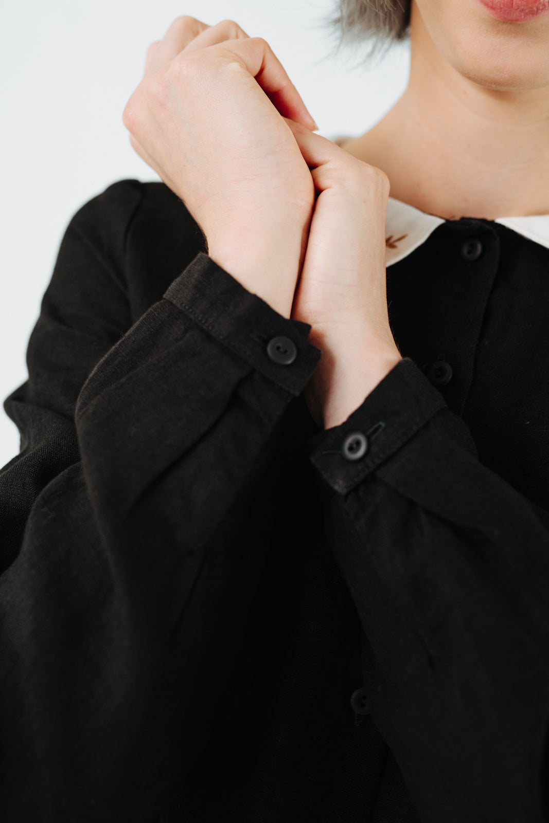 Classic Dress with Embroidered Golden Fields Collar, Long Sleeve, Black Pansy#color_black-pansy