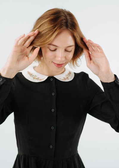 Classic Dress with Embroidered Golden Fields Collar, Long Sleeve, Black Pansy#color_black-pansy
