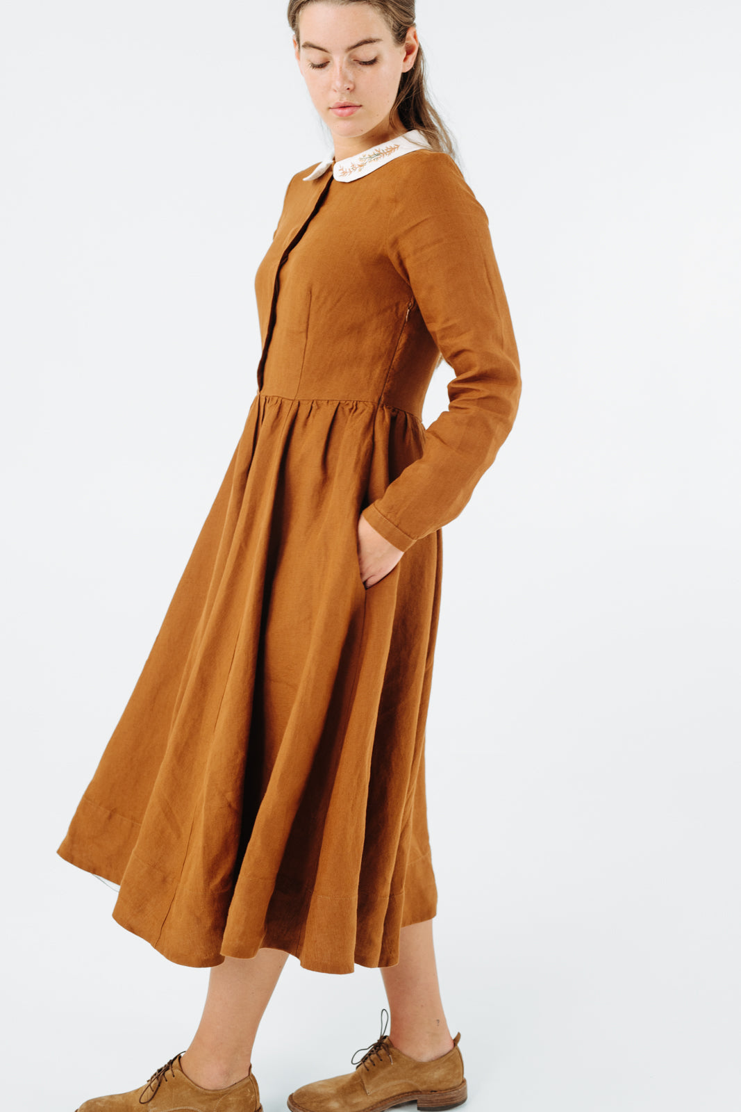 Classic Dress with Embroidered Golden Fields Collar, Long Sleeve, Warm Brown#color_warm-brown