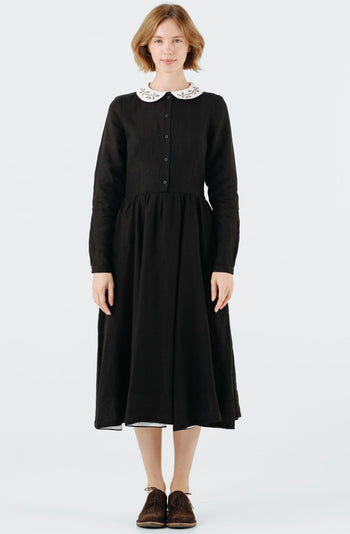 Classic Dress with Embroidered Hazelnut Collar, Long Sleeve, Black Pansy#color_black-pansy