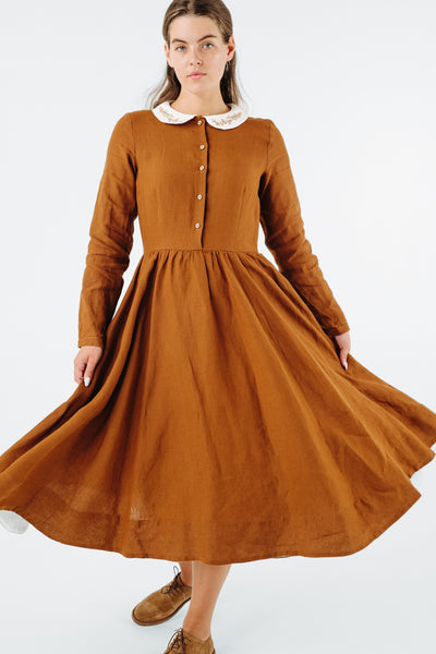 Classic Dress with Embroidered Golden Fields Collar, Long Sleeve, Warm Brown#color_warm-brown