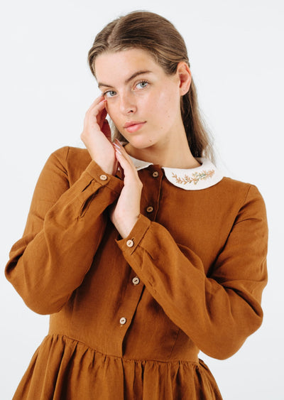 Classic Dress with Embroidered Golden Fields Collar, Long Sleeve, Warm Brown#color_warm-brown
