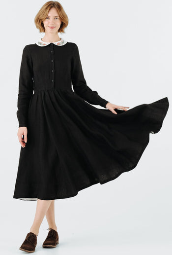 Classic Dress with Embroidered Wildwood Collar, Long Sleeve, Black Pansy#color_black-pansy