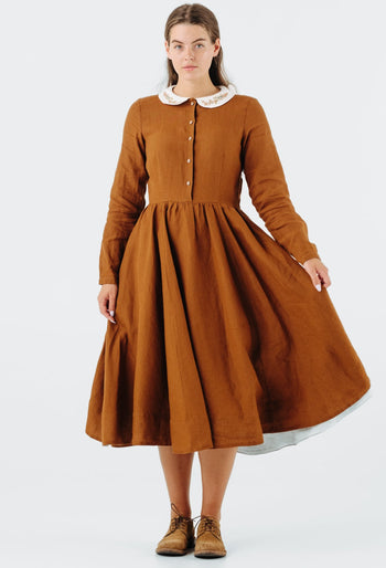 Classic Dress with Embroidered Golden Fields Collar, Long Sleeve, Warm Brown#color_warm-brown