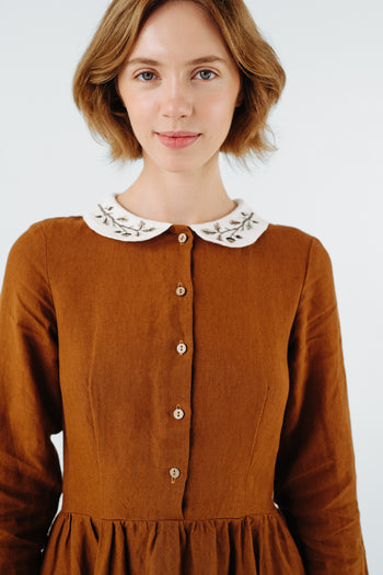 Classic Dress with Embroidered Hazelnut Collar, Long Sleeve, Warm Brown#color_warm-brown