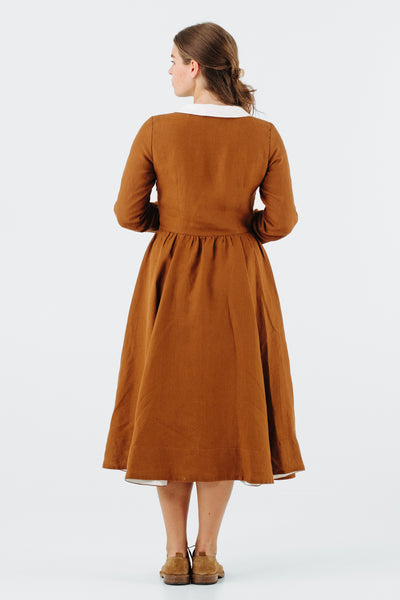 Classic Dress with Embroidered Golden Fields Collar, Long Sleeve, Warm Brown#color_warm-brown