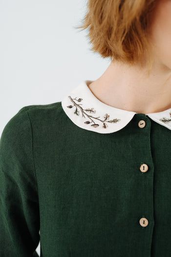 Classic Dress with Embroidered Hazelnut Collar, Long Sleeve, Evergreen#color_evergreen