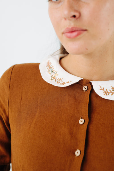Classic Dress with Embroidered Golden Fields Collar, Long Sleeve, Warm Brown#color_warm-brown
