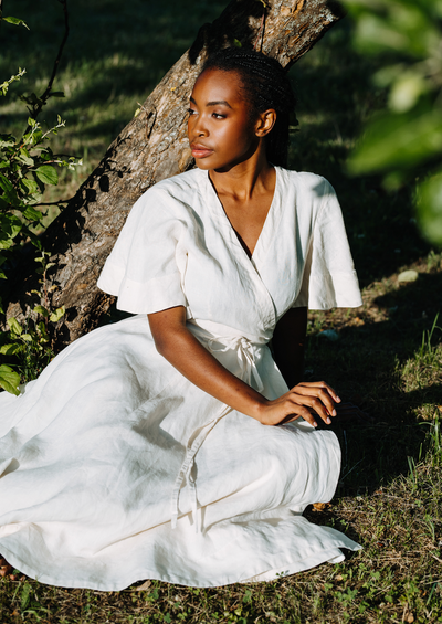 Wrap Dress, Butterfly Sleeve, Hemp, Milky White#color_milky-white