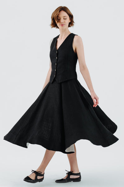 Classic Skirt, Twill Linen, Black Herringbone#color_black-herringbone