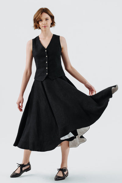 Classic Skirt, Twill Linen, Black Herringbone#color_black-herringbone