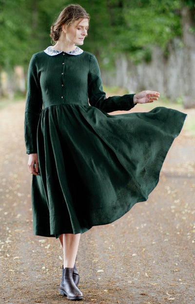 Classic Dress with Embroidered Meadow Peter Pan Collar, Long Sleeve#color_evergreen