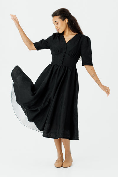 Diane Dress, Puffed Sleeve, Black Pansy#color_black-pansy