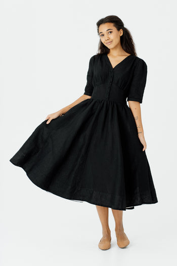 Diane Dress, Puffed Sleeve, Black Pansy#color_black-pansy