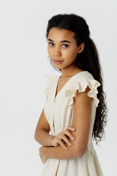 Diane Dress, Ruffle Sleeve, Hemp, Milky White#color_milky-white
