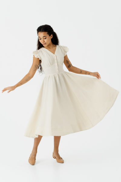 Diane Dress, Ruffle Sleeve, Hemp, Milky White#color_milky-white