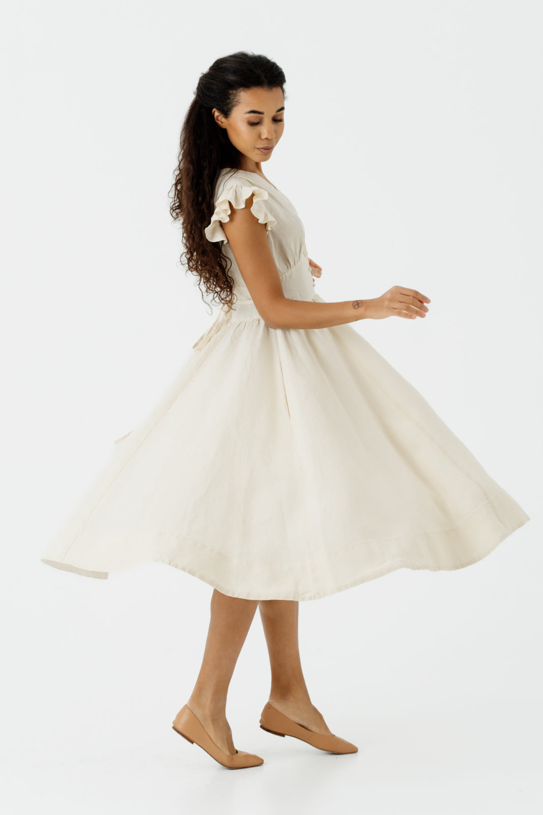 Diane Dress, Ruffle Sleeve, Hemp, Milky White#color_milky-white