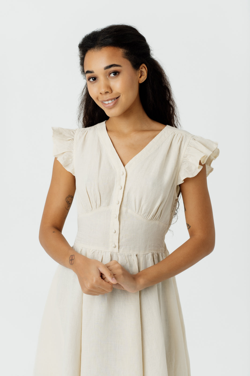Diane Dress, Ruffle Sleeve, Hemp, Milky White#color_milky-white