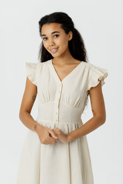 Diane Dress, Ruffle Sleeve, Hemp, Milky White#color_milky-white