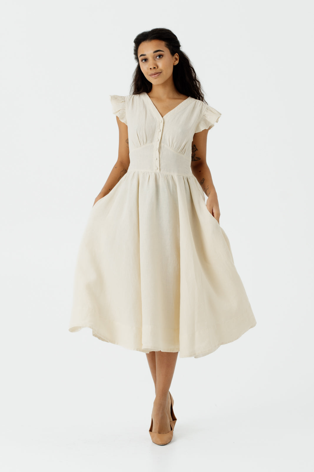 Diane Dress, Ruffle Sleeve, Hemp, Milky White#color_milky-white
