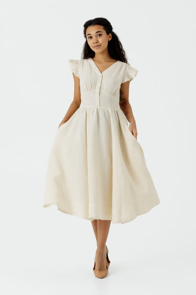 Diane Dress, Ruffle Sleeve, Hemp, Milky White#color_milky-white