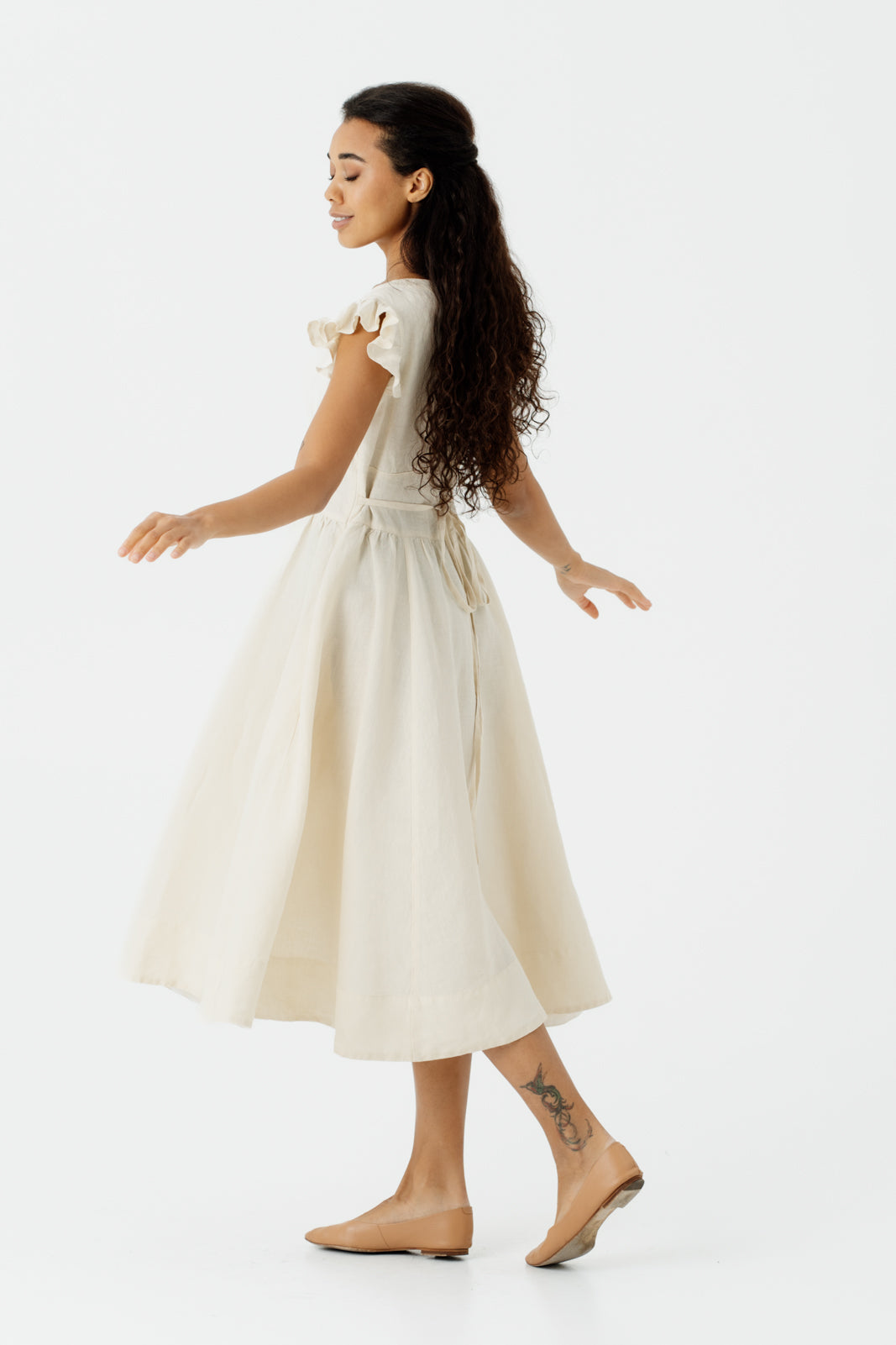 Diane Dress, Ruffle Sleeve, Hemp, Milky White#color_milky-white