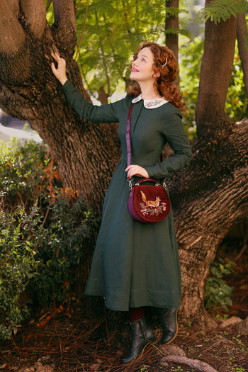 Classic Dress with Embroidered Wildwood Collar, Long Sleeve, Evergreen#color_evergreen