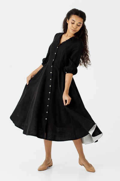 Ophelia Dress, 3/4 Sleeve, Black Pansy#color_black-pansy