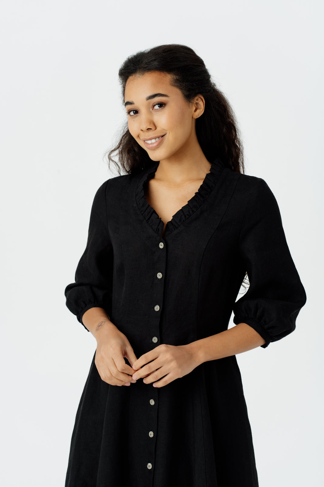 Ophelia Dress, 3/4 Sleeve, Black Pansy#color_black-pansy