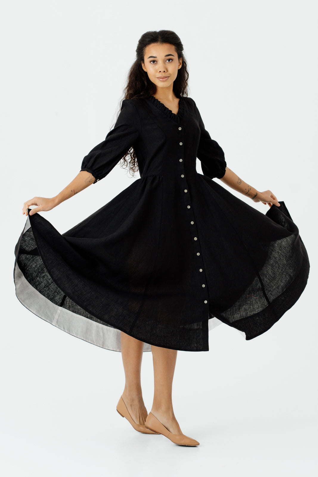 Ophelia Dress, 3/4 Sleeve, Black Pansy#color_black-pansy