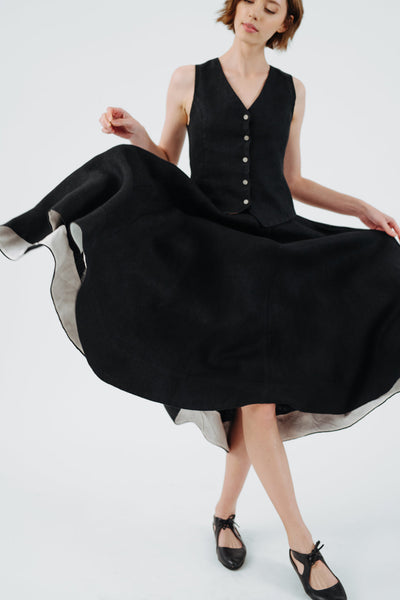 Classic Skirt, Twill Linen, Black Herringbone#color_black-herringbone