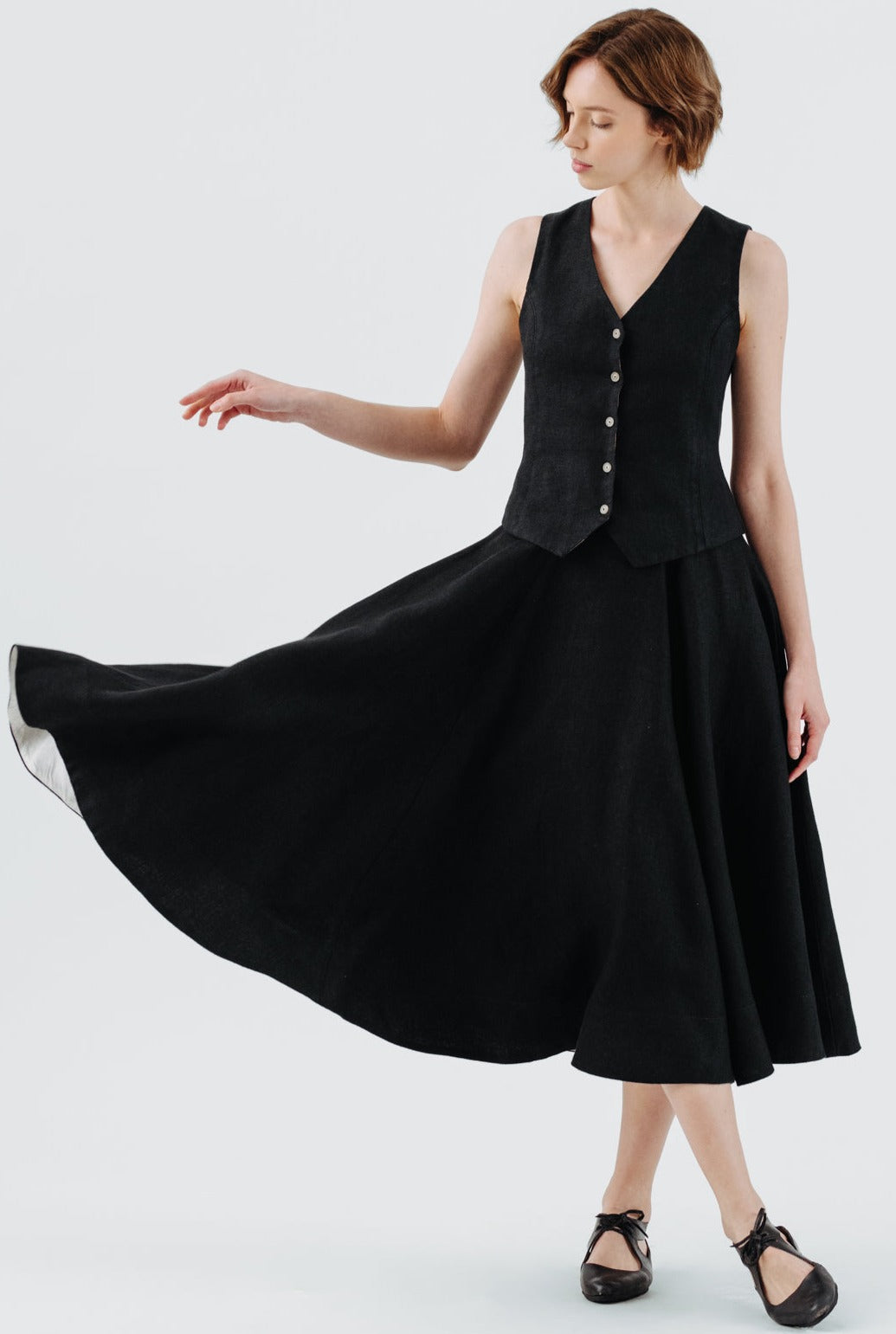 Classic Skirt, Twill Linen, Black Herringbone#color_black-herringbone